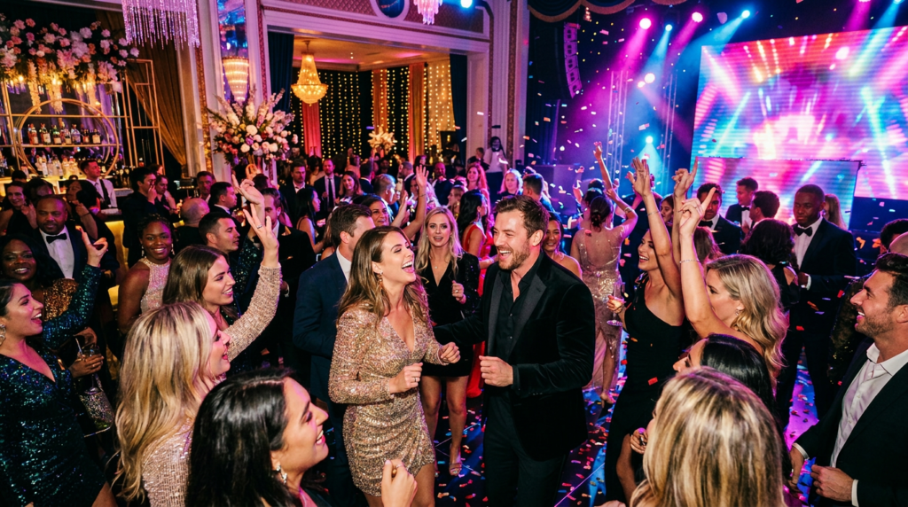 A crowd of well-dressed people dancing and celebrating at a vibrant, colorful party with DJ Jackie J DJ and stage lights